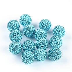 Aquamarine Grade A Rhinestone Pave Disco Ball Beads, for Unisex Jewelry Making, Round, Aquamarine, PP13(1.9~2mm), 14mm, Hole: 1.5mm