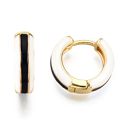Black Brass Huggie Hoop Earrings, with Two Tone Enamel, Real 18K Gold Plated, Black, 15x16.5x5mm, Pin: 1x1mm
