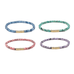 Mixed Color Natural Malaysia Jade(Dyed) Rondelle Beaded Stretch Bracelet with Brass, Gemstone Jewelry for Women, Mixed Color, Inner Diameter: 2-1/4 inch(5.6cm)