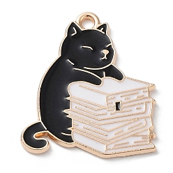 Negro Colgantes de la aleación del esmalte, la luz de oro, gato con colgante de libro, negro, 26.5x22.5x1.5 mm, agujero: 1.8 mm