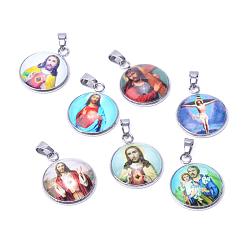 Color mezclado Jesus colgantes de cristal tema, con 201 fornituras de acero inoxidable, plano y redondo, color mezclado, 26.5x22x6.5 mm, agujero: 6x4 mm
