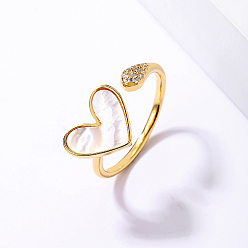 Heart Natural Shell Open Cuff Ring, Golden Stainless Steel Finger Ring, Heart, Inner Diameter: 16~18mm