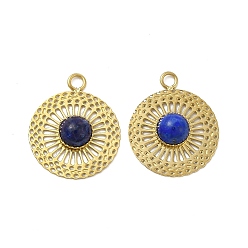 Lapis Lazuli Natural Lapis Lazuli Pendants, Flat Round Charms, with Vacuum Plating Real 18K Gold Plated 201 Stainless Steel Findings, 17x14.5x3.5mm, Hole: 1.8mm