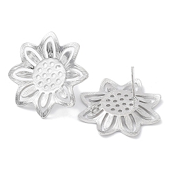Real Platinum Plated Brass Stud Earring Finding, with Vertical Loops, Sunflower, Real Platinum Plated, 25x25mm, Hole: 1.2mm, Pin: 0.7mm