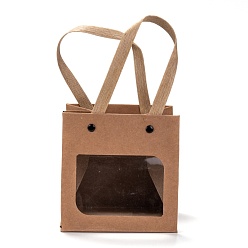 Camel 260g Rectangle Kraft Paper Bags, with Nylon Handles and Transparent Windows, for Gift Bags and Shopping Bags, Camel, 12x12x1cm