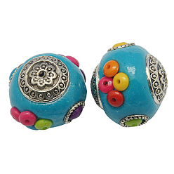 Sky Blue Handmade Indonesia Beads, with Brass Core, Round, Sky Blue, Size: about 24mm wide, 21mm long, hole: 1.5mm.