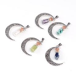 Mixed Stone Column Glass Bottle with Natural & Synthetic Mixed Stone Inside Pendants, with Moon Alloy Finding and 304 Stainless Steel Findings, 41x29x10mm, Hole: 7x4mm