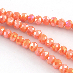 Coral Electroplate Glass Faceted Rondelle Bead Strands, AB Color Plated, Coral, 4x3mm, Hole: 1mm, about 150pcs/strand, 18.9 inch