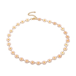 Pink Enamel Daisy Link Chain Necklace, Vacuum Plating 304 Stainless Steel Jewelry for Women, Golden, Pink, 16.3 inch(41.5cm)