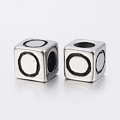 Antique Silver 304 Stainless Steel Large Hole Letter European Beads, Cube with Letter.O, Antique Silver, 8x8x8mm, Hole: 5mm