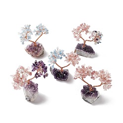Mixed Stone Natural Gemstone Tree Display Decoration, Druzy Amethyst Base Feng Shui Ornament for Wealth, Luck, Love, Rose Gold Brass Wires Wrapped, 40~54x82~93x106~120mm