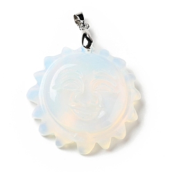 Opalite Opalite Pendants, with Platinum Tone Brass Findings, Lead Free & Cadmium Free, Sun with Smiling Face, 42x34~35x10.5mm, Hole: 3.8x5mm