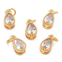 Clear Real 18K Gold Plated Brass Inlaid Cubic Zirconia Charms, with Jump Ring, Long-Lasting Plated, Teardrop, Clear, 9x5x4mm, Jump Ring: 4x0.5mm, 2.5mm Inner Diameter