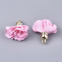 Pearl Pink Cloth Pendants, with CCB Plastic, 6-Petal, Flower, Golden, Pearl Pink, 26~27x17~28mm, Hole: 1.6mm
