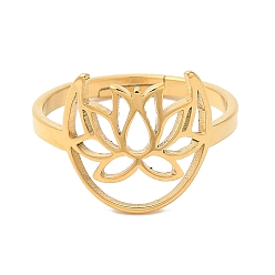 Real 18K Gold Plated Ion Plating(IP) 304 Stainless Steel Hollow Lotus Adjustable Ring for Women, Real 18K Gold Plated, US Size 6(16.5mm)