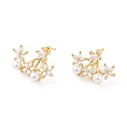 Real 18K Gold Plated Rack Plating Brass Stud Earrings for Women, with Clear Cubic Zirconia & Acrylic Imitation Pearl Beads, Cadmium Free & Lead Free, Long-Lasting Plated, Flower with Star, Real 18K Gold Plated, 18x23x20mm, Pin: 0.9mm