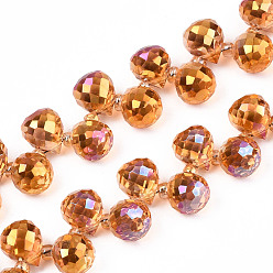 Orange Chapelets de perles en verre transparentes  , perles percées, de couleur plaquée ab , larme à facettes, orange, larme: 9.5x8 mm, Trou: 0.8mm, perles: 3~4x2.5~3.5 mm, Environ 100 pcs/chapelet, 23.62 pouce (60 cm)