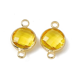 Light Topaz Transparent K9 Glass Connector Charms, with Light Gold Plated Brass Findings, Faceted, Flat Round Links, Light Topaz, 17.5x10.5x4.5mm, Hole: 2mm