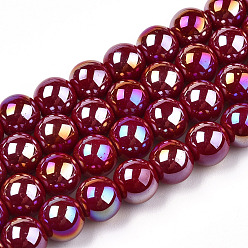 Dark Red Electroplate Opaque Glass Beads Strands, AB Color Plated, Round, Dark Red, 8~8.5mm, Hole: 1.5mm, about 51~53pcs/strand, 14.96 inch~15.55 inch(38~39.7cm)