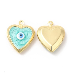 Turquoise Brass Enamel Locket Pendants, Real 18K Gold Plated, Long-Lasting Plated, Heart with Evil Eye, Turquoise, 21x17x5mm, Hole: 1.4mm, Inner Diameter: 9.5x10mm