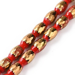 Red Electroplated Glass Beads Strands, Faceted, Half Golden Plated, Rice, Red, 10x6mm, Hole: 1.2mm, about 39pcs/strand, 15.75''(40cm)