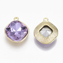 Lilac Golden Plated Alloy Pendants, with Glass Rhinestone, Rhombus, Lilac, 18x15x5mm, Hole: 1.4mm