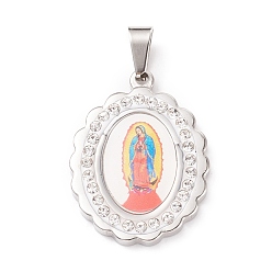 Stainless Steel Color 304 Stainless Steel Lady of Guadalupe Pendants, with Polymer Clay Rhinestones and Paper, Oval with Virgin Mary, Stainless Steel Color, 28x21x3mm, Hole: 4x6mm