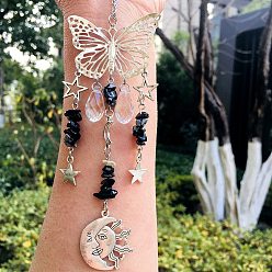 Snowflake Obsidian Teardrop Glass & Metal Butterfly Pendant Decorations, Hanging Suncatchers, with Natural Snowflake Obsidian Chips, for Home Decoration, Moon/Star/Sun, 230mm
