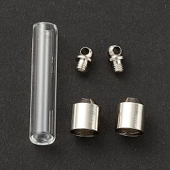 Platine Pendentif de flacon en verre transparent connecteurs à liaison normale, bouteille de souhait ouvrable à tube droit avec des accessoires en laiton et en alliage pour la fabrication de bijoux, platine, 47x8.5mm, Trou: 1.8mm