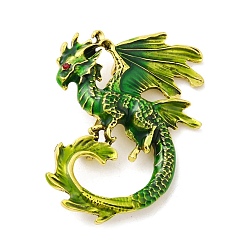 Lime Green Dragon Enamel Pin Brooches, Antique Golden Alloy Rhinestone Badge for Backpack Clothes, Lime Green, 56x41x17mm, Hole: 5x3.5mm
