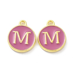 Letter M Golden Plated Alloy Enamel Charms, Cadmium Free & Lead Free, Enamelled Sequins, Flamingo, Flat Round with Letter, Letter.M, 14x12x2mm, Hole: 1.4mm