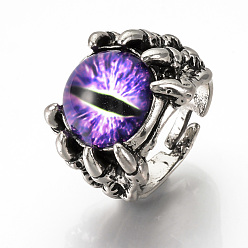 Сине-фиолетовый Регулируемые кольца перста сплава, со стеклянной фурнитурой, широкая полоса кольца, драконий глаз, синий фиолетовый, Размер 10, 20 мм