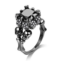 Gunmetal Rectangle Rhinestone Finger Ring, Alloy Skull Gothic Ring for Women, Gunmetal, US Size 7 1/4(17.5mm)