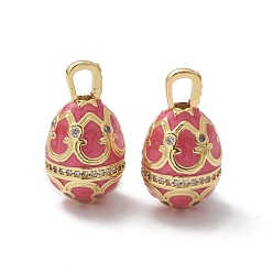 Cerise Rack Plating Brass Enamel Pendants, with Cubic Zirconia, Oval, Long-Lasting Plated, Real 18K Gold Plated, Cerise, 23.5x13mm, Hole: 5x3.5mm