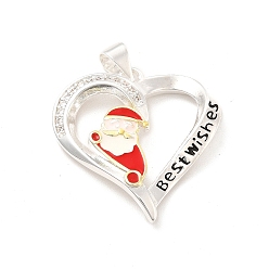 Silver Christmas Brass Crystal Rhinestone Pendants, with Enamel, Heart with Santa Claus and Word Best Wishes Charms, Silver, 23.5x23x4mm, Hole: 5x3.5mm