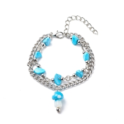 Platinum Synthetic Turquoise(Dyed) Chips Beaded Double Line Multi-strand Bracelet, Gemstone Bracelet with Lampwork Mushroom Charm for Women, Platinum, 6-3/8 inch(16.3cm)