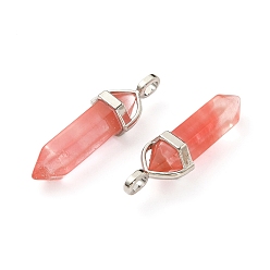 Cherry Quartz Glass 2Pcs Cherry Quartz Glass Double Terminal Pointed Pendants, Faceted Bullet Charms, with Platinum Tone Random Alloy Pendant Hexagon Bead Cap Bails, 36~40x12mm, Hole: 3x4mm, Gemstone: 8mm in diameter
