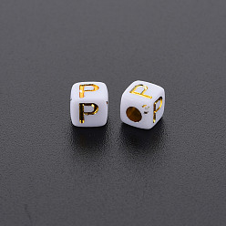 Letter P Opaque White Acrylic Beads, Metal Enlaced, Cube with Letters, Letter.P, 4.5mm, Hole: 2mm, about 5000pcs/500g