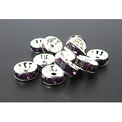 Indigo Brass Rhinestone Spacer Beads, Grade A, Silver Color Plated, Rondelle, Purple, Size: about 8mm in diameter, 3.5mm thick, hole: 2mm