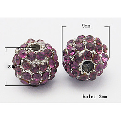 Rouge Violet Moyen Perles en alliage, avec strass de moyen-orient, ronde, argenterie, support violet rouge, taille: environ 9mm de diamètre, épaisseur de 8mm, Trou: 2mm