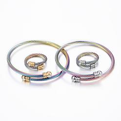 Couleur Mélangete Ensembles bracelets et bagues de serrage en acier inoxydable à la mode 304, avec strass, couleur mixte, 2-1/8 pouces (53 mm), 17mm