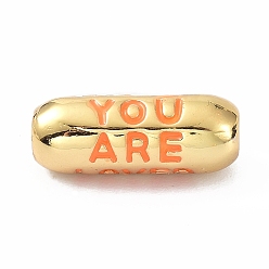 Orange Eco-Friendly Brass Enamel Beads, Long-Lasting Plated, Real 18K Gold Plated, Oval with Word You Are, Orange, 17.5x7mm, Hole: 3mm