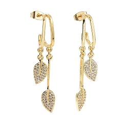 Real 18K Gold Plated Clear Cubic Zirconia Leaf Dangle Stud Earrings, Brass Jewelry for Women, Real 18K Gold Plated, 48mm, Pin: 0.7mm