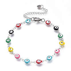 Colorful 304 Stainless Steel Link Bracelets, with Enamel and Lobster Claw Clasps, Evil Eye, Stainless Steel Color, Colorful, 7-5/8 inch(19.5cm)