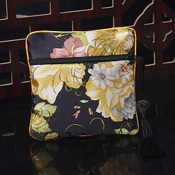 Noir Sacs carrés à pompons en tissu de style chinois, avec fermeture à glissière, Pour bracelet, Collier, noir, 11.5x11.5 cm