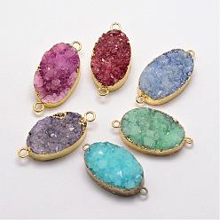 Mixed Color Electroplate Natural Druzy Quartz Crystal Links connectors, Dyed, with Golden Plated Brass Findings, Oval, Mixed Color, 35~38x17~20x8~11mm, Hole: 2~3mm