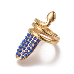 Sapphire Ion Plating(IP) 304 Stainless Steel Finger Rings, with Rhinestone, Golden, Sapphire, Size 3~5, 13~15mm