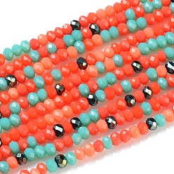 Corail Chapelets de perles en verre, facette, rondelle, corail, 2~3.2x1.8~2.6mm, Trou: 0.8mm, Environ 185~186 pcs/chapelet, 15.55~15.75 pouce (39.5~40 cm)