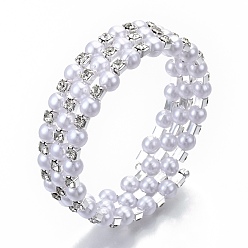 Crystal Three Loops Iron Wrap Bracelets, with Rhinestone and ABS Plastic Imitation Pearl, Platinum, Crystal, Inner Diameter: 2 inch(5cm)