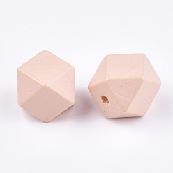 Pink Painted Natural Wooden Beads, Faceted, Polygon, Pink, 15.5~16x14.5~15.5x15.5~16.5mm, Hole: 3mm